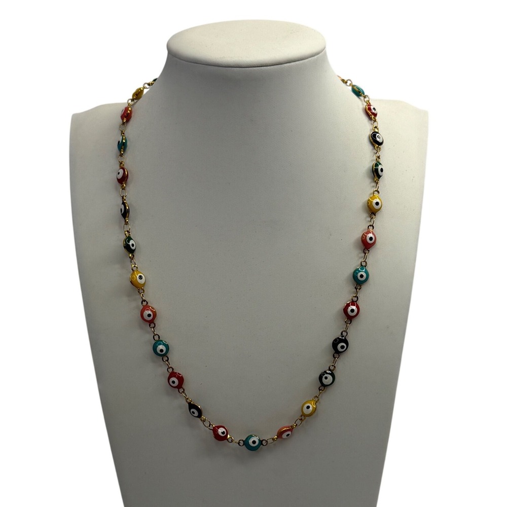Multicolor Evil Eye Station Necklace Gold Tone Enamel Mati Protection Boho Witch